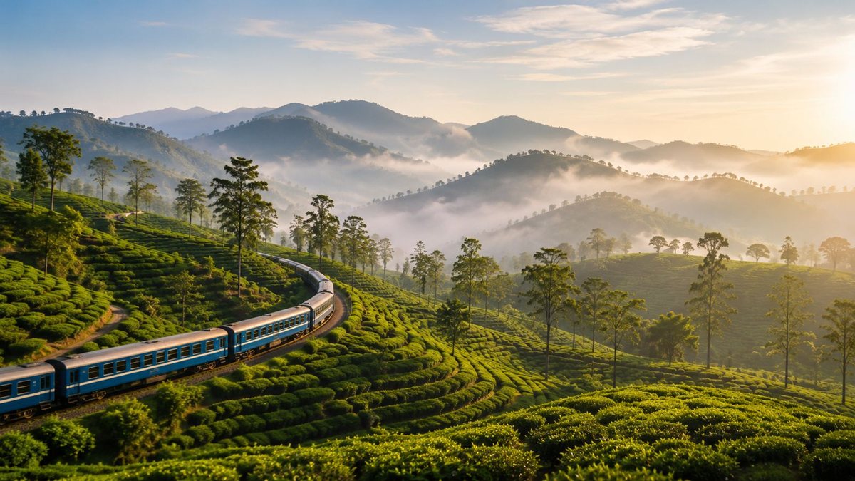 A train winding through tea plantations in the hills